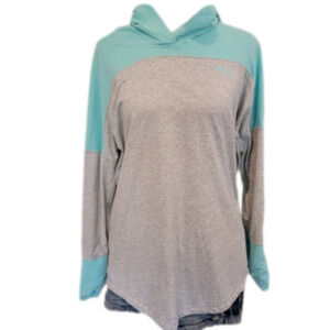 PUMA Long Sleeve Gray Hooded Long Sleeve Tee With Aqua Accents Size L